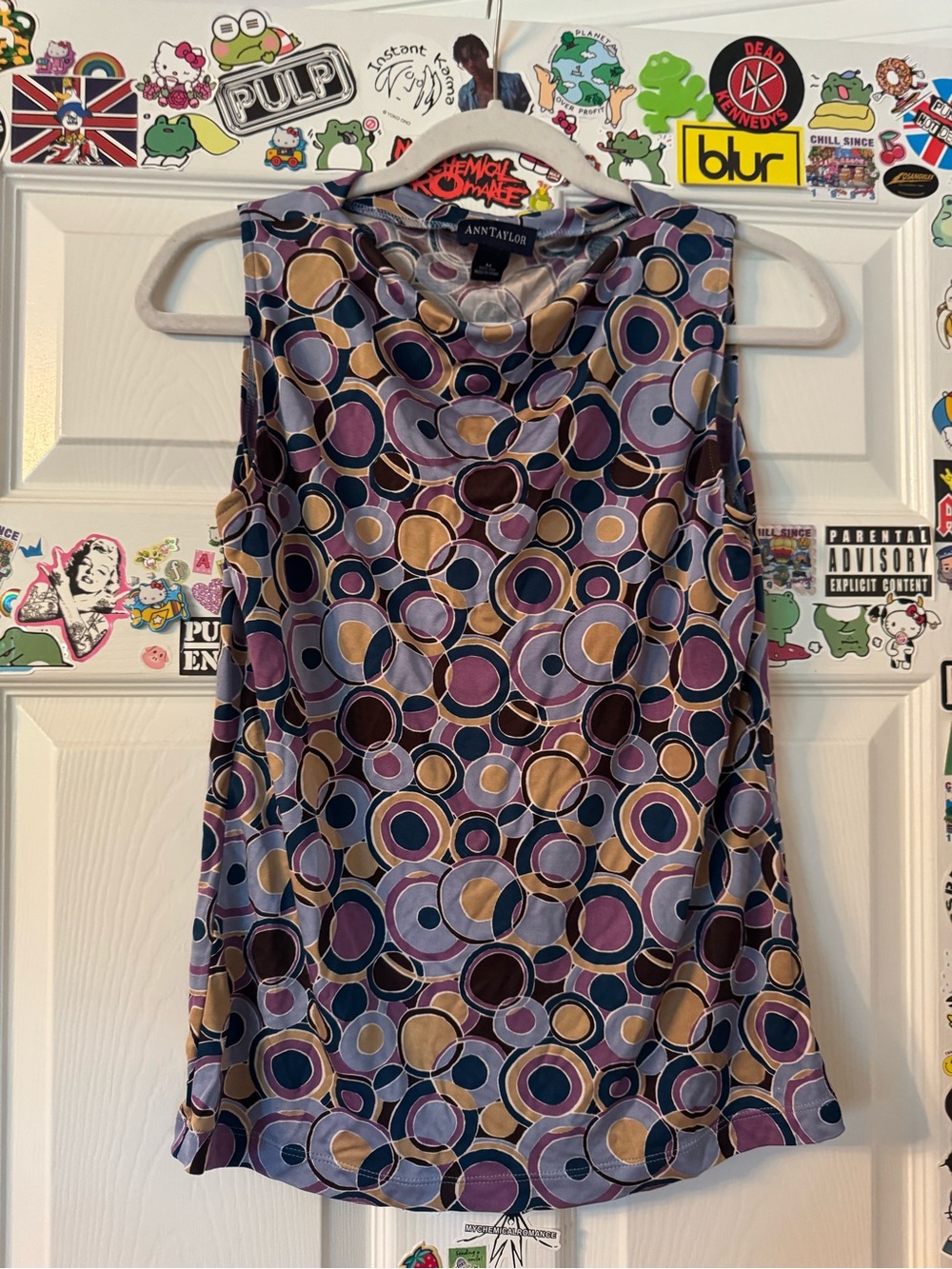 Vintage Ann Taylor Sleeveless Circle-Print Tank in Purple, Blue, Gold